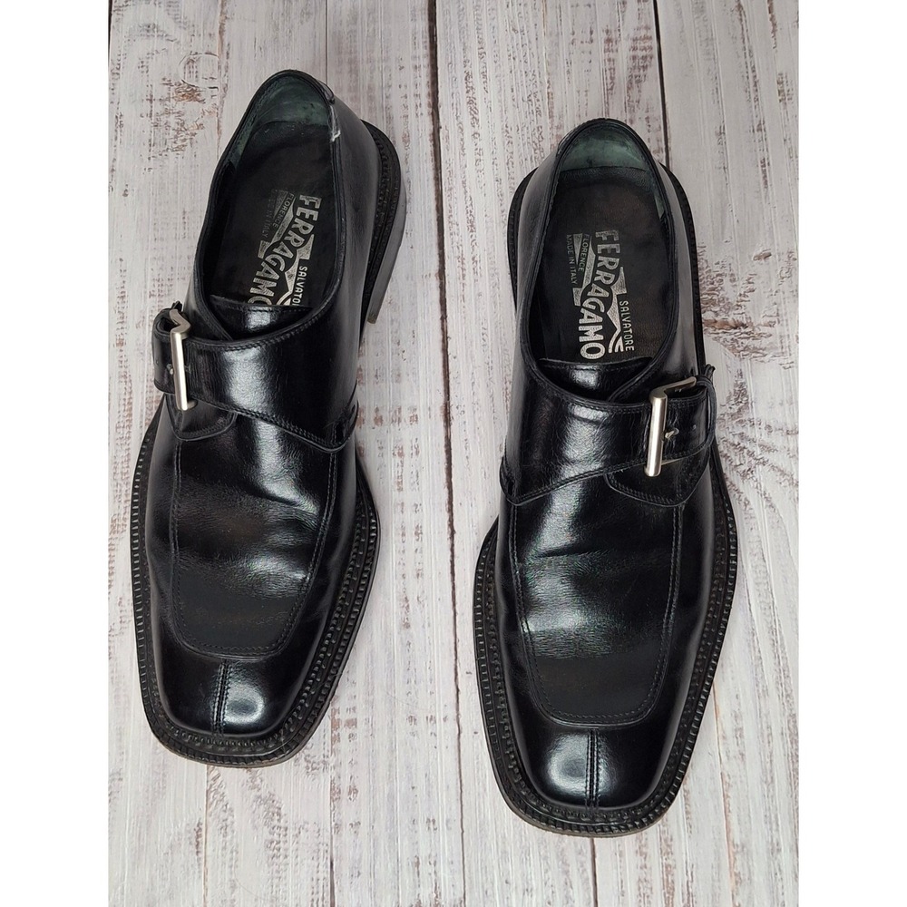 Salvatore Ferragamo Black Leather Monk Strap Square Toe Loafers 7.5 D TD 5066